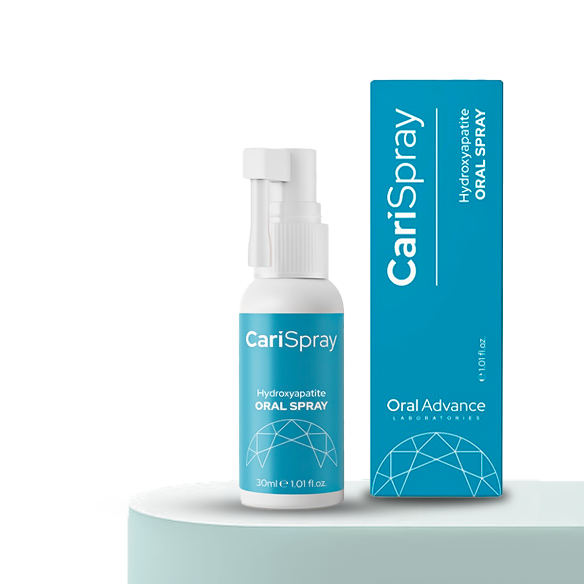 CariSpray Nano-Hydroxyapatite Oral Spray bottle and box on a pedestal
