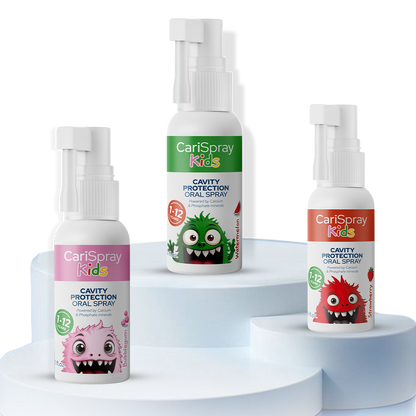 CariSpray Kids cavity prevention spray in watermelon bubblegum strawberry flavors