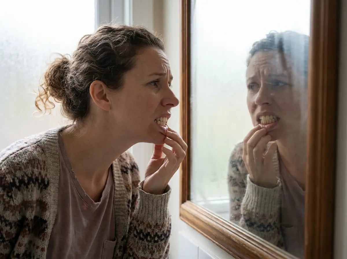 Woman checking the whiteness of her teeth in the mirror