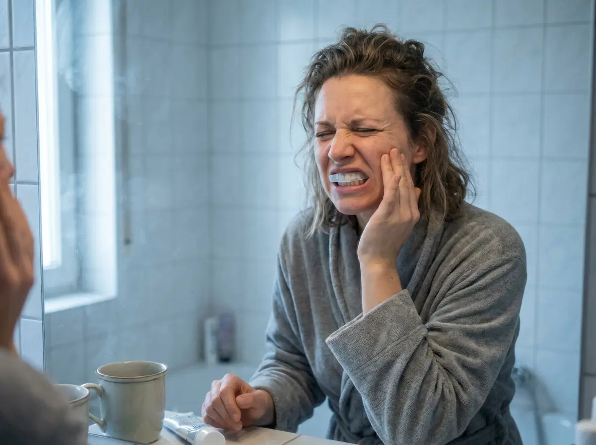 Person wincing in pain while using peroxide whitening strips