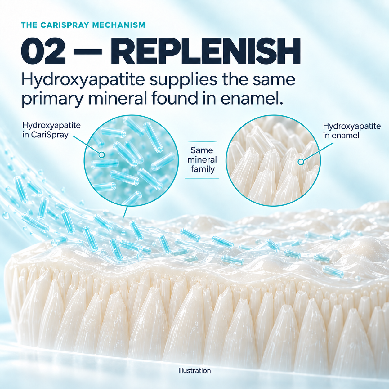 Step 2 — Replenish. Hydroxyapatite supplies the same primary mineral found in enamel. Illustration.