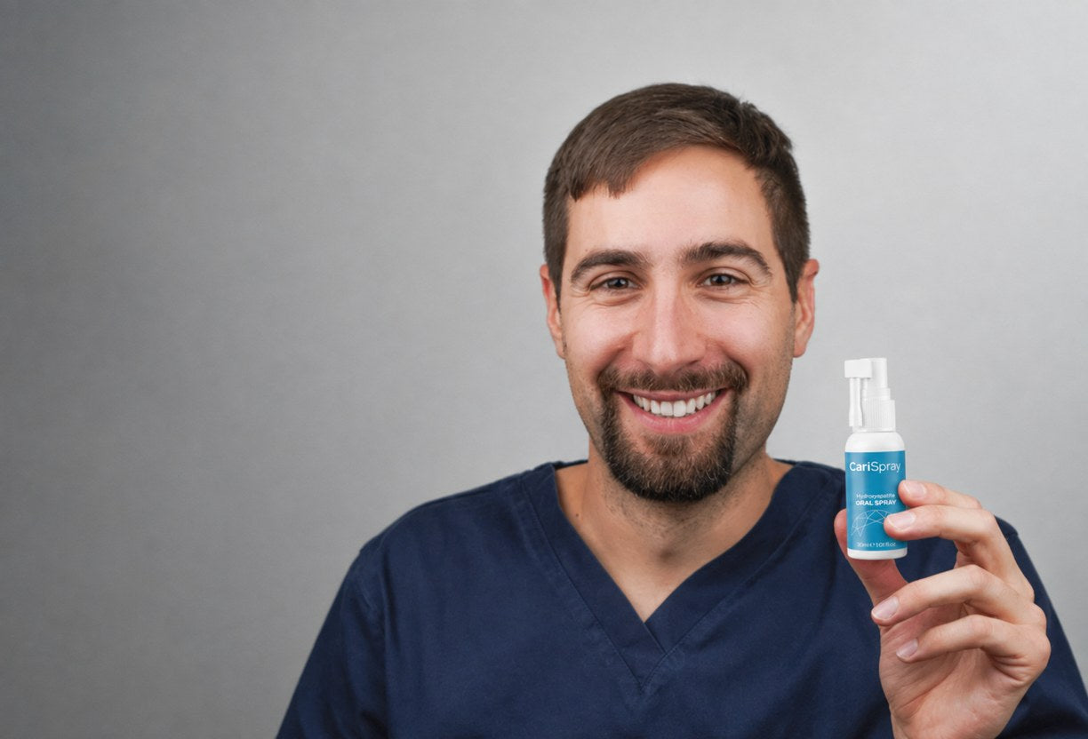 Dr. Toni Martincevic, founder of CariSpray, holding a CariSpray bottle